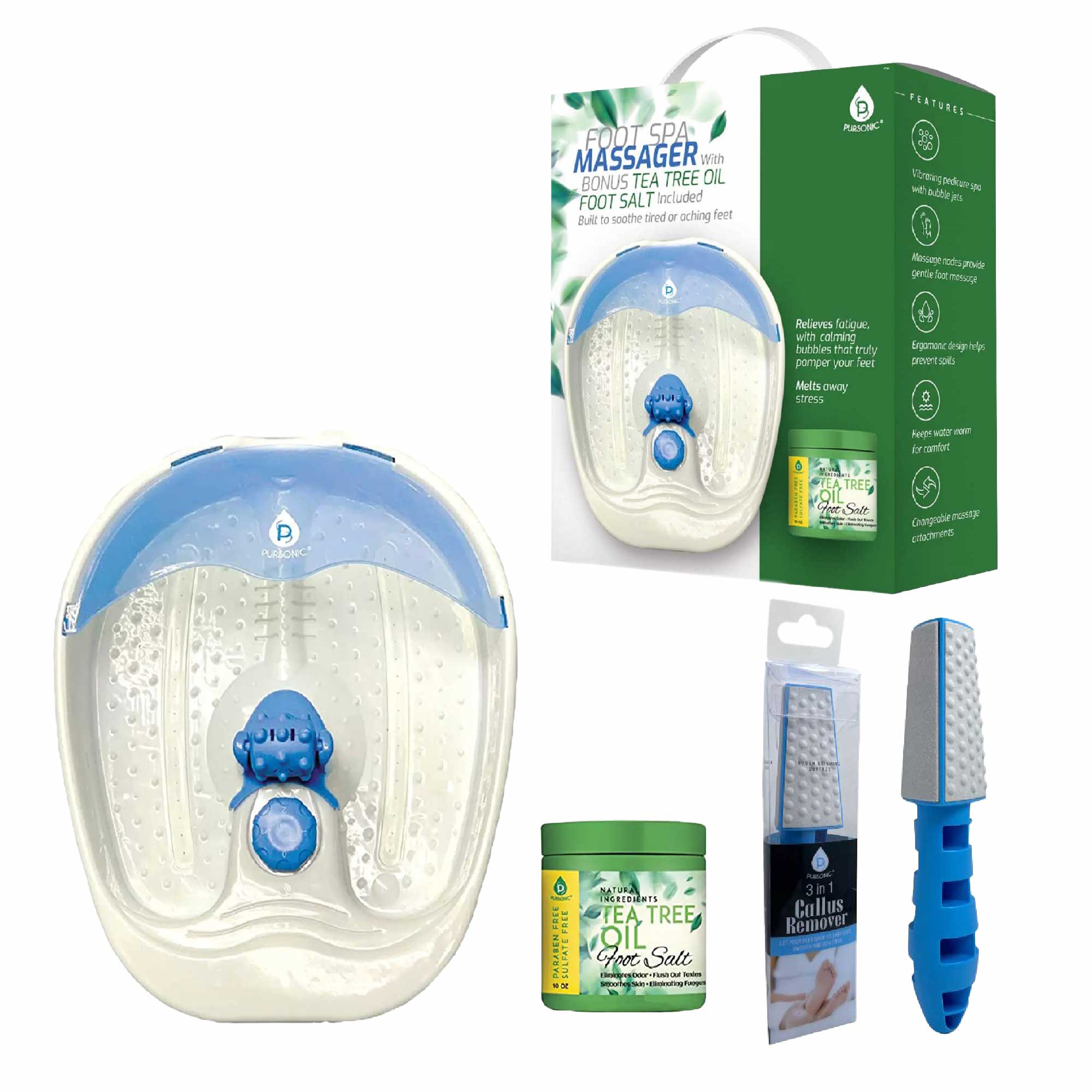 Pursonic Soothing Foot Spa Massager with Tea Tree Salt Scrub & Callus